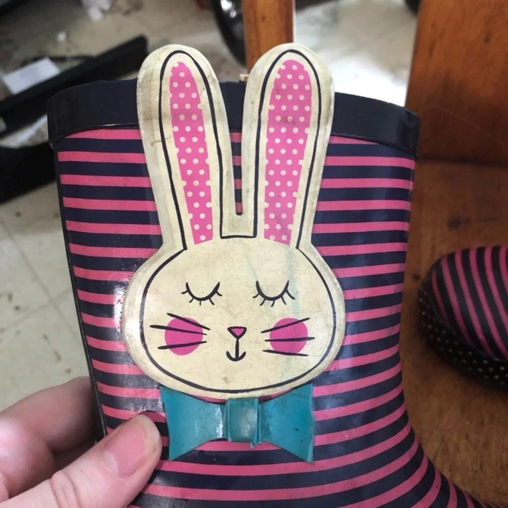 Toddler Girls Pink Striped Bunny Rain Boots Size 10 Polka Dot Rubber‎ Wellies